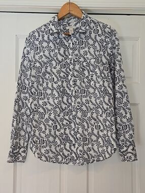 J. Crew White Button-Down Shirt with Navy Floral Motif XS